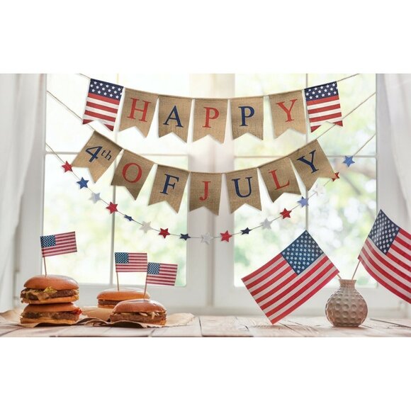 Patriotic Burlap Bunting Banner Happy 4th of July Star Garland Independence Day - Picture 4 of 9